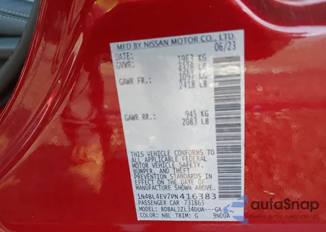 2023 Nissan Altima Sl Fwd from USA, damaged, VIN 1N4BL4EV7PN416383